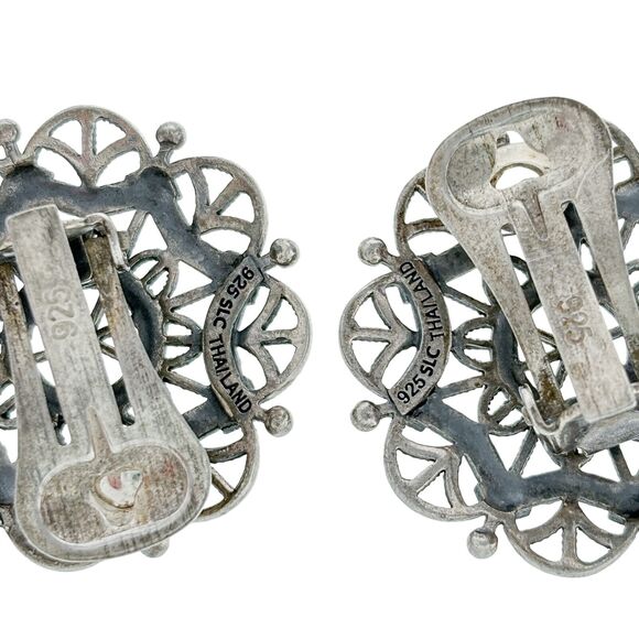Vintage Thailand SLC Sterling Silver 925 Geometric Marcasite Clip On Earrings - Picture 3 of 5